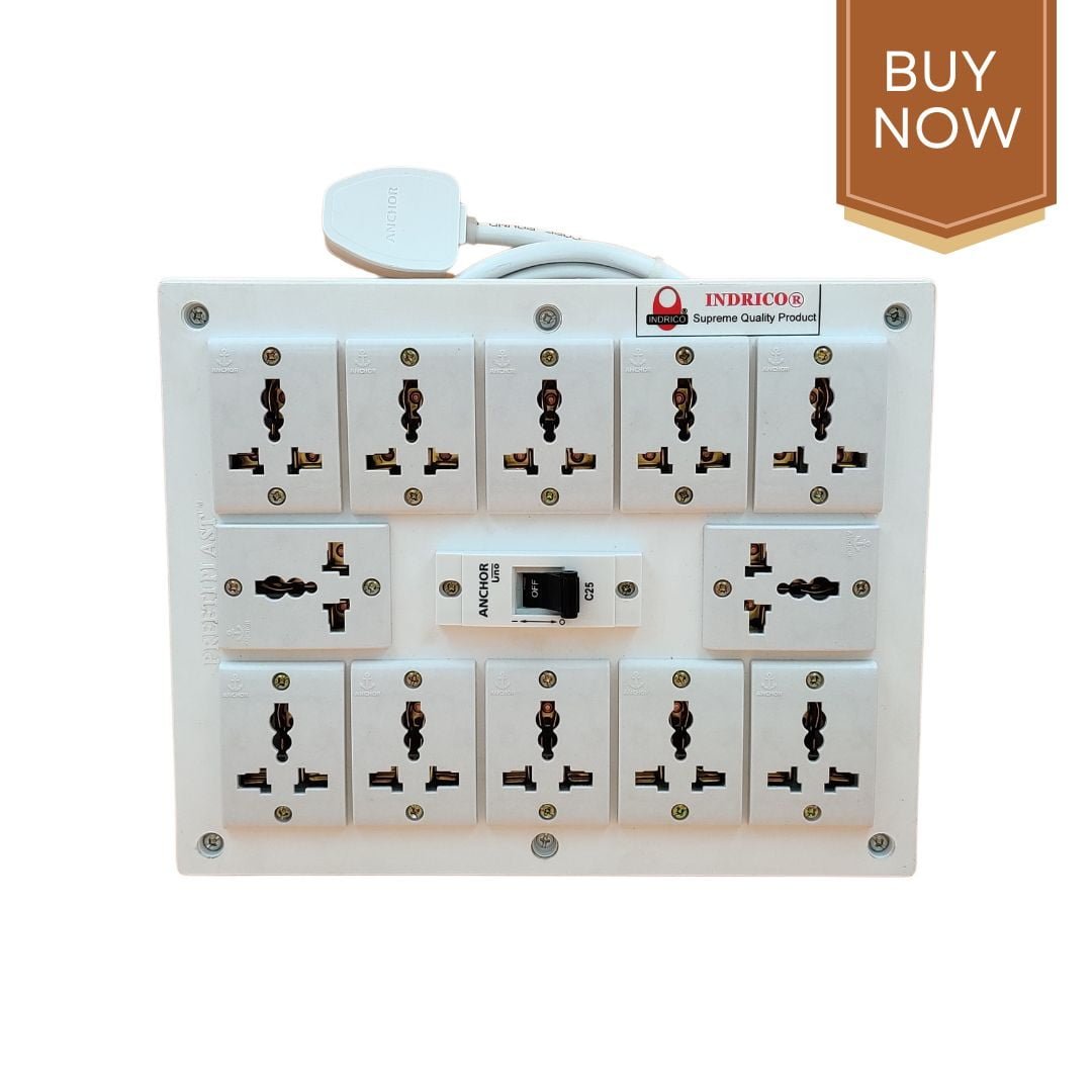 INDRICO PVC 2000W 12 Way Extension Board with Universal Sockets MCB and Long Wire (Pack of 1, White)