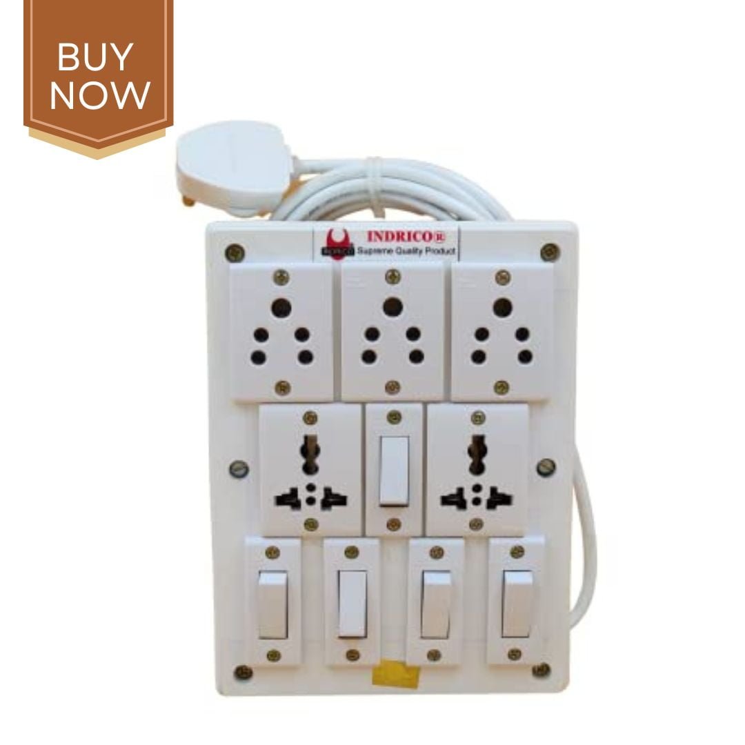 INDRICO PVC 2000W 5 Way Electrical Junction Box with Individual Switch (5+5) and International Universal Sockets (Pack of 1, White) (1.5 meter Cable)