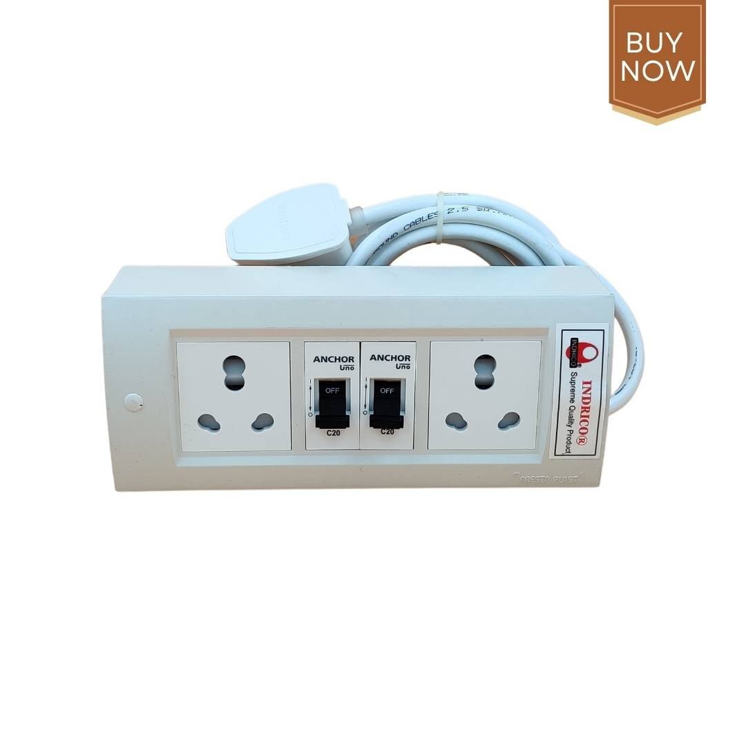 INDRICO Electric Extension Board with 15A/16A/20A Sockets and 16A/20A/25A MCB Heavy Duty 2.5mm Long Wire (Rating 3000W) PVC White